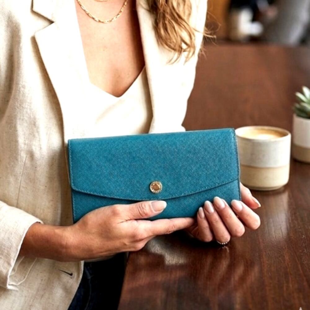 Michael Kors Saffiano Leather Continental Flap Wallet teal gold-tone metal logo